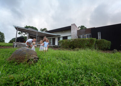 A family on the grass field in front of Tortuga Villa observing a giant Tortoise passing by